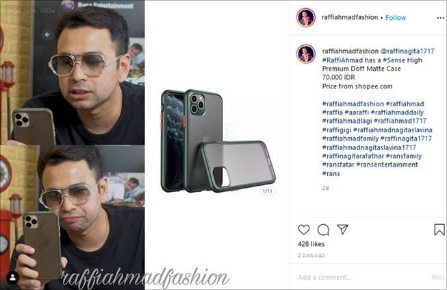 Raffi Ahmad pakai casing handphone seharga Rp70 ribu. (Instagram/@raffiahmadfashion)