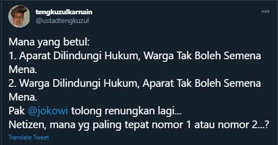 Tengku Zul Ajak Jokowi Merenung Soal Kasus Penembakan 6 Laskar FPI (Twitter/UstadTengkuZul).