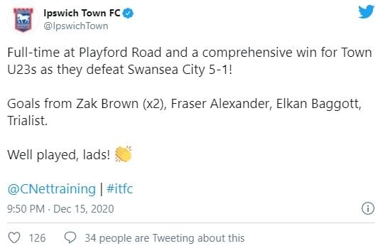 Elkan Baggott cetak gol untuk Ipswich Town U-23. (Twitter/@ipswichtown).