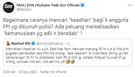Fadli Zon sindir Mahfud MD soal kematian enam anggota FPI (Twitter/fadlizon)
