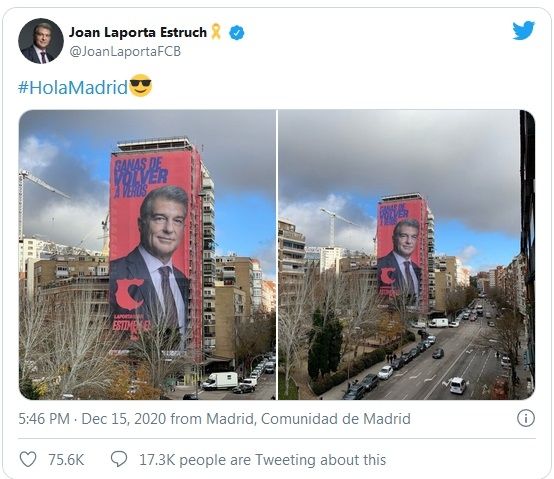 Postingan Joan Laporta di akun Twitter @JoanLaportaFCB