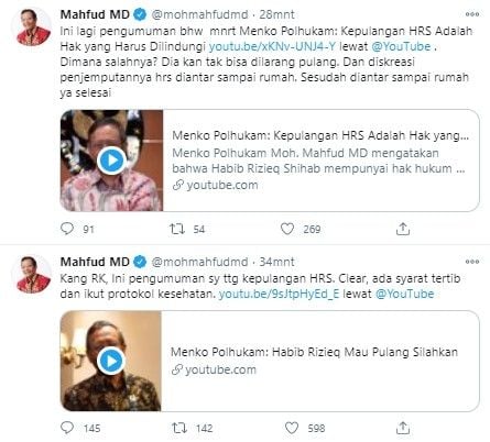 Mahfud MD jawab tudingan Ridwan Kamil soal kerumunan massa Rizieq (Twitter/mohmahfudmd)