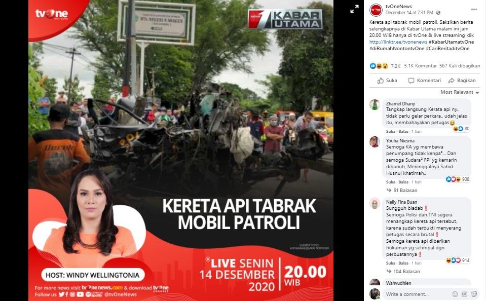 Tabrakan KA dan mobil patroli polisi (FB/tvonenews)