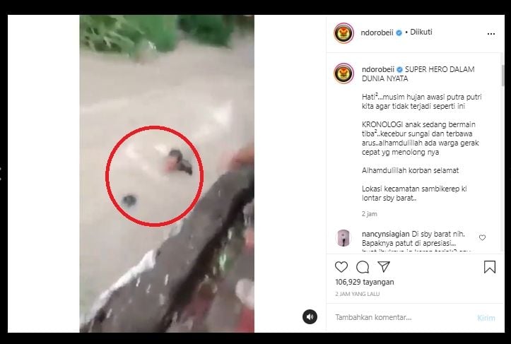 Video Aksi Heroik Pria Selamatkan Bocah Yang Terseret Arus Sungai (Instagram/ndorobeii).