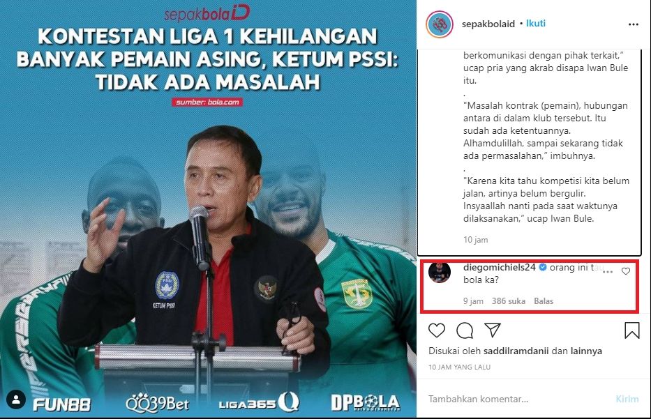 Sindiran pedas Diego Michiels atas pernyataan Ketua PSSI, Mochamad Iriawan. (Instagram/sepakbolaid)