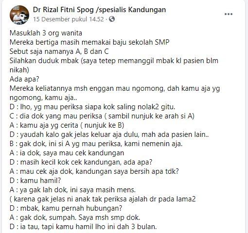 Viral Unggahan Dokter Kandungan soaal Siswi SMP Ingin Gugurkan Kandungan (facebook.com/rizalfitnispog)