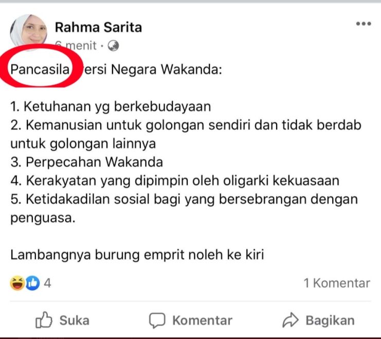 Tangkapan Layar Unggahan Rahma Sarita Soal Pancasila Versi Wakanda (Twitter/Narkosun).