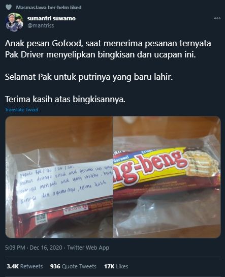 Pesan Makanan, Orang Ini Malah Dapat Bingkisan Tak Terduga dari Driver Ojol. (Twitter/@mantriss)