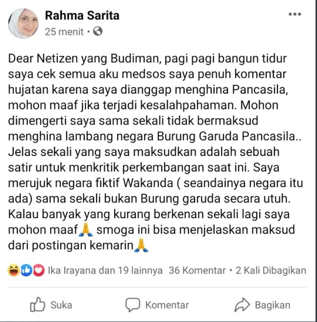 Klarifikasi Rahma Sarita yang Dinilai Melecehkan Pancasila (Twitter/rahmasarita).