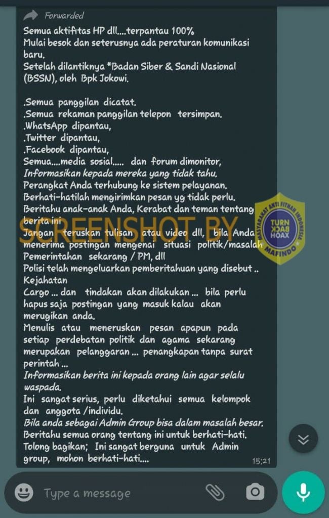 BSSN pantau aktivitas HP dan medsos masyarakat (Turnbackhoax.id)