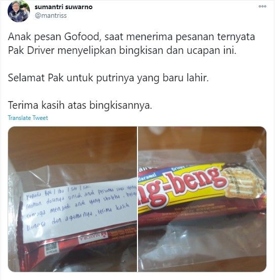 Driver Ojek Online Ini Beri Bingkisan dengan Pesan Menyentuh. (Dok: Twitter/Mantris)