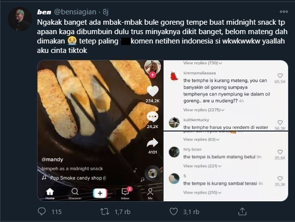 Momen kocak bule goreng tempe. (TikTok/@bensiagian)