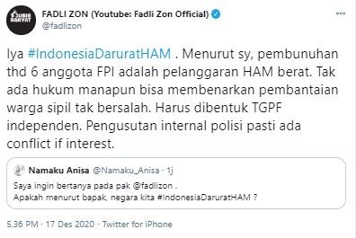 Fadli Zon sebut Indonesia darurat HAM (Twitter/fadlizon)