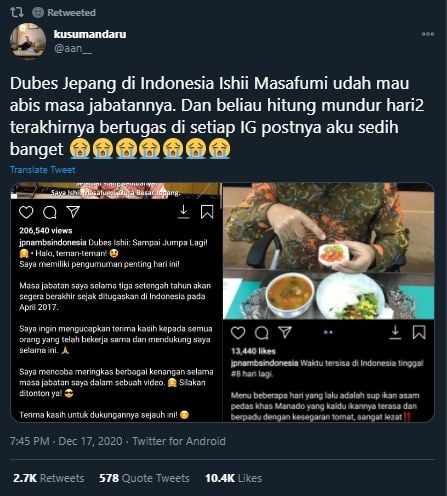 Dubes Jepang Hitung Mundur Hari Terakhirnya di Indonesia, Warganet Sedih. (Twitter/@aan__)