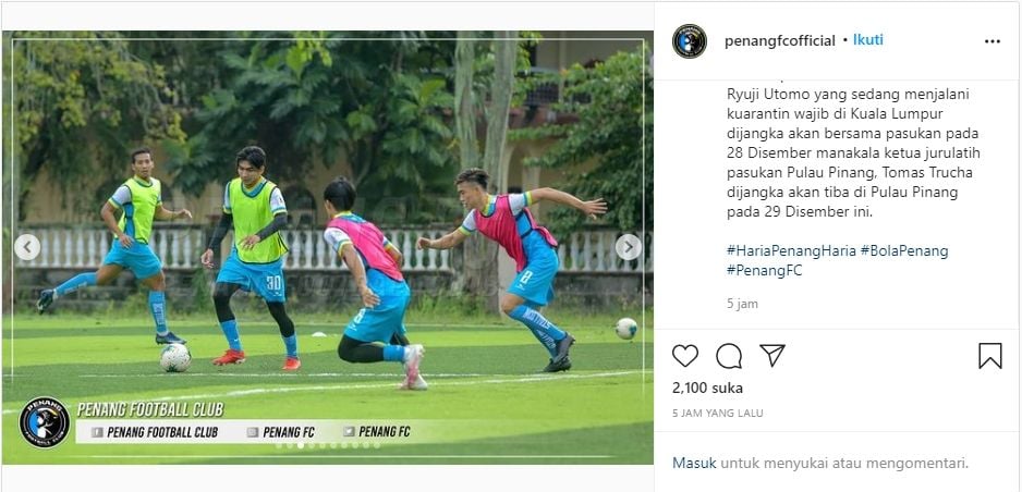 Skuat Penang FA sedang berlatih tanpa Ryuji Utomo. (Instagram/penangofficial)