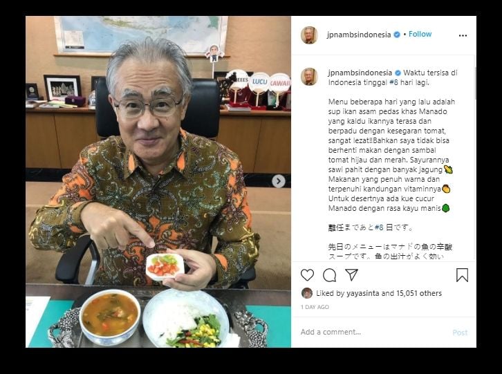 Dubes Jepang Hitung Mundur Hari Terakhirnya di Indonesia, Warganet Sedih. (Instagram/@jpnambsIndonesia)