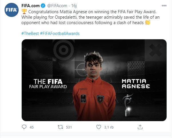 Mattia Agnese pemain yang mendapatkan FIFA Fair Play.