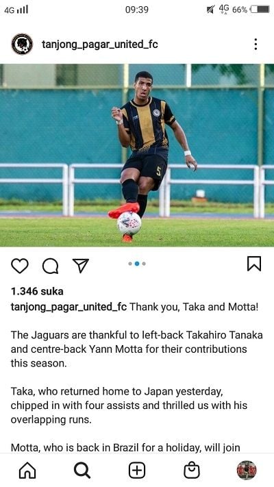 Yann Motta dikabarkan bakal bergabung dengan Persija Jakarta ( Screenshot Instagram Tanjong Pagat United FC).