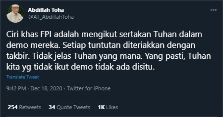 Cuitan Abdillah Toha Soal Demo FPI (Twitter/Abdillah_Toha).