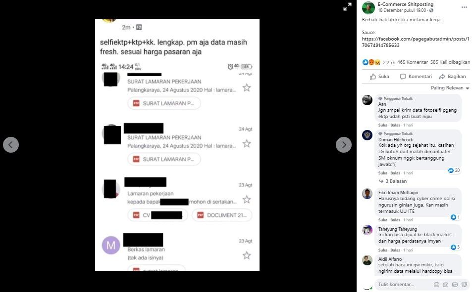 Data pribadi pelamar kerja dijual (FB/e-commerceshitposting)