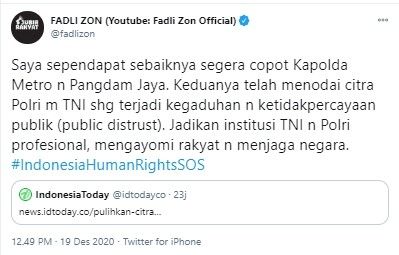 Fadli Zon desak kapolda metro dan pangdam jnaya dicopot (Twitter/fadlizon)