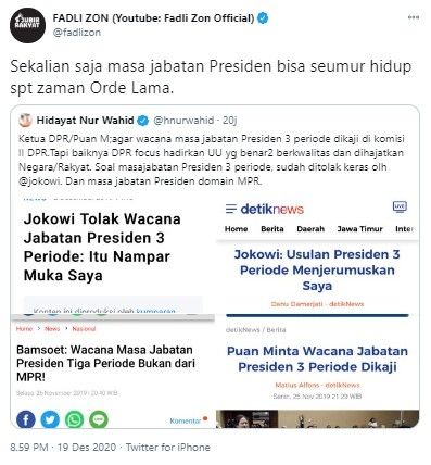 Kritik Fadli Zon soal wacana jabatan presiden 3 periode (Twitter/fadlizon)