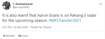 Aaron Evans dikabarkan masuk dalam bidikan Pahang FA. (Twitter/@avineshw90).