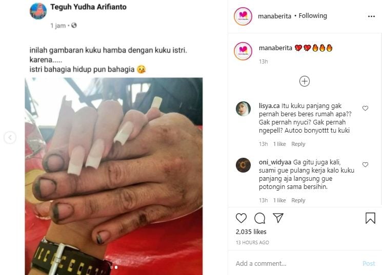 Perbandingan kuku istri dengan suami. (Instagram/manaberita)