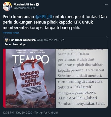 Cuitan Mardani Ali Sera Mendesak KPK Usut Tuntas Korupsi Bansos Tanpa Tebang Pilih (Twitter/MardaniAliSera).