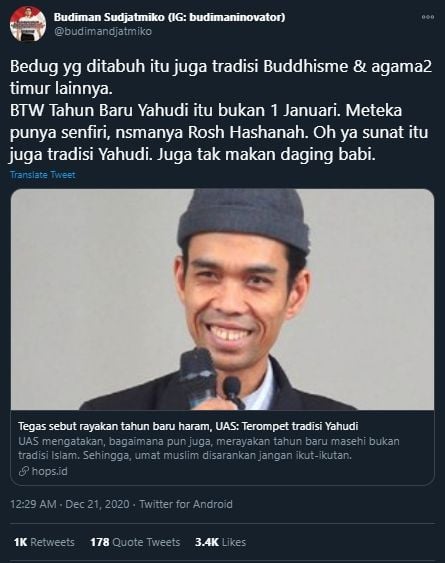 Utas Budiman Sudjatmiko Merespons Pernyataan UAS Soal Perayaan Tahun Baru (Twitter).