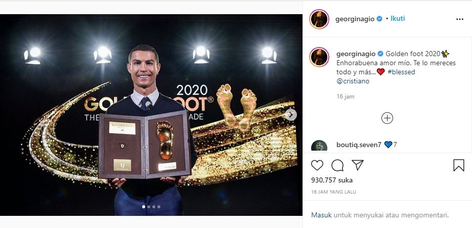Georgina Rodriguez memberikan selamat untuk Cristiano Ronaldo yang menang en Foot 2020. (Instagram/georginagio)