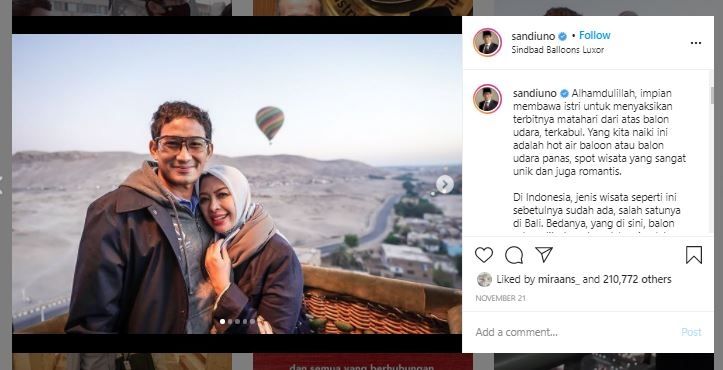 Potret Liburan Sandiaga Uno bersama Istri (Instagram @sandiuno)