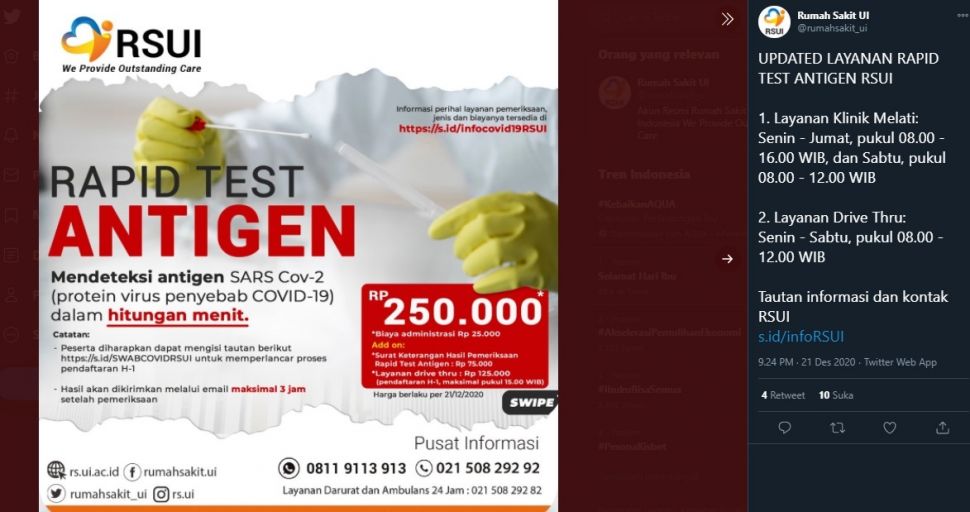 Pemberitahuan RSUI tentang perubahan layanan rapid test antigen (Twitter/RSUI)