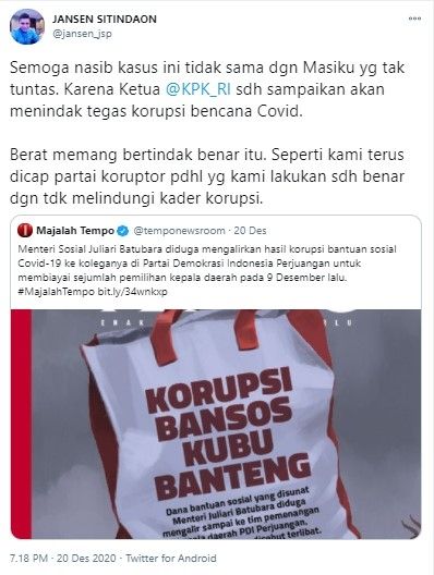 Jansen PD berharap kasus bansos Covid-19 tak berakhir seperti Harun Masiku (Twitter/jansen_jsp)