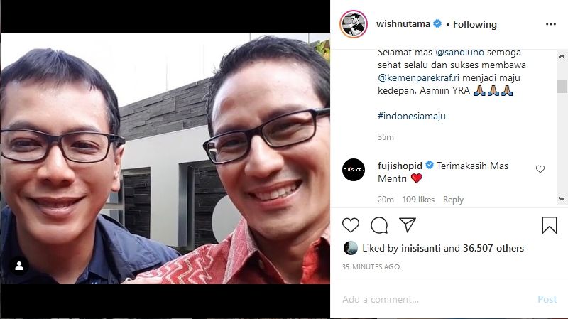 Sandiaga Uno dan Wishnutama. (Dok: Instagram/Wishnutama)