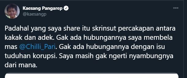 Kicauan Kaesang Pangarep tentang isu korupsi kakaknya. (Twitter/@kaesangp)