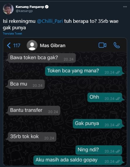 Tangkapan Layar Percakapan Kaesang Pangarep dan Mas Gibran (Twitter/Kaesangp).