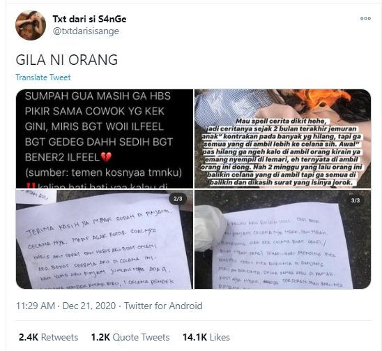 Viral maling jemuran kembalikan barang curiannya. (Twitter/@txtdarisisange)