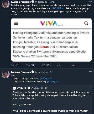 Kaesang kesal dituding bongkar rekening Gibran. (Twitter/@kaesangp)