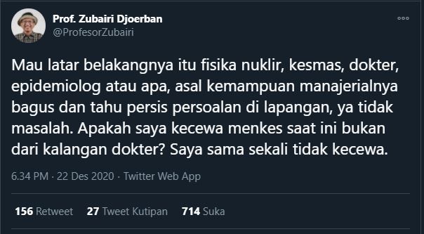 Zubairi Djoerban soal menkes baru. (Twitter/@ProfesorZubairi)