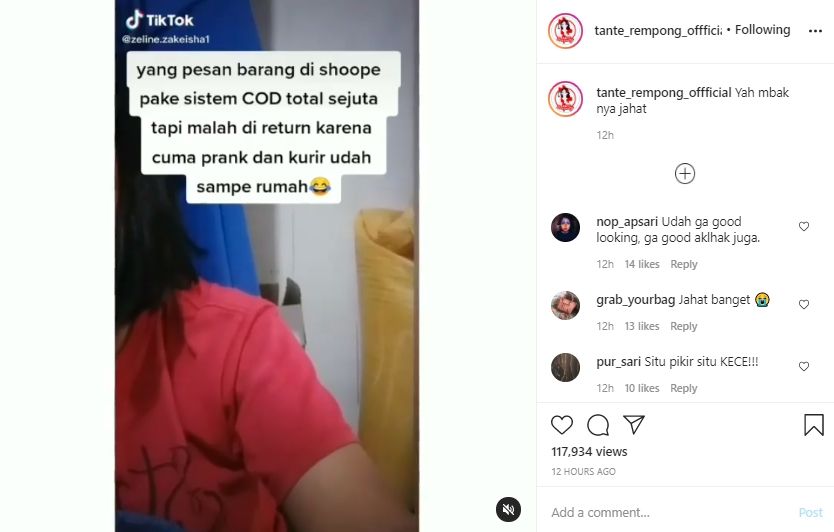 Video perempuan prank olshop demi konten. (Instagram/tante_rempong_offficial)