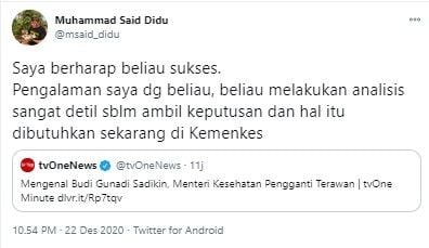 Komentar Said Didu soal penunjukan Budi Gunadi Sadikin sebagai Menkes (Twitter/msaid_didu)