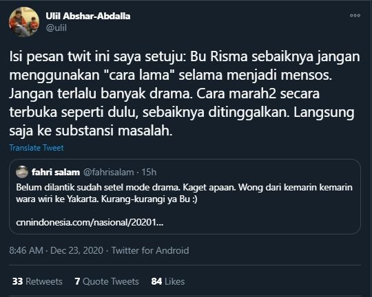 Pesan Ulil Abshar ke Risma (Twitter).