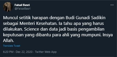 Cuitan Faisal Basri soal Penunjukkan Menkes Budi Gunadi Sadikin (Twitter).