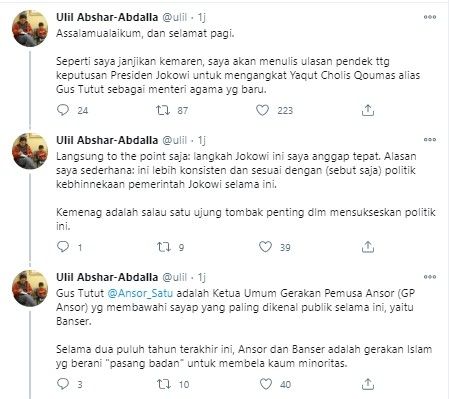 Komentar Gus Ulil soal terpilihnya Gus Yaqut jadi Menag (Twitter/ulil)