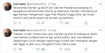 Emil Salim soroti empat dari enam menteri baru Jokowi (Twitter/emilsalim2010)