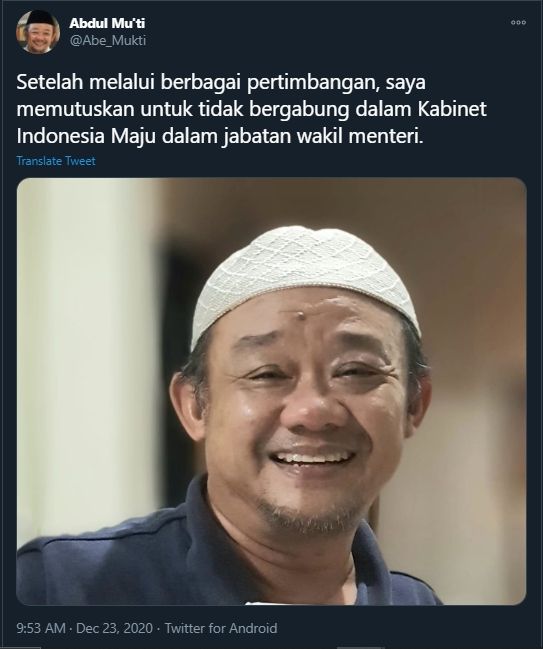 Abdul Mu'ti Ungkap Alasan Tidak Bergabung dalam Kabinet Jokowi (Twitter).