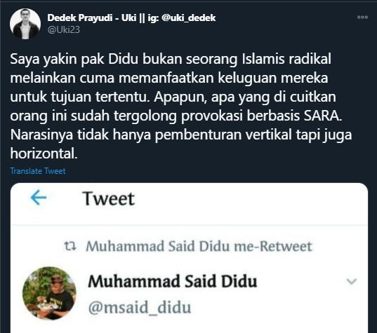 Cuitan Dedek Uki Mengomentari Kicauan Said Didu (Twitter/Uki23).