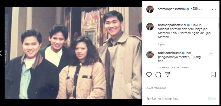 Hotman Paris Mengomentari Potret Lawas Erick Thohir, Sandiaga Uno, dan Muhammad Lutfi (Instagram).