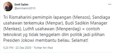 Emil Salim soroti empat dari enam menteri baru Jokowi (Twitter/emilsalim2010)